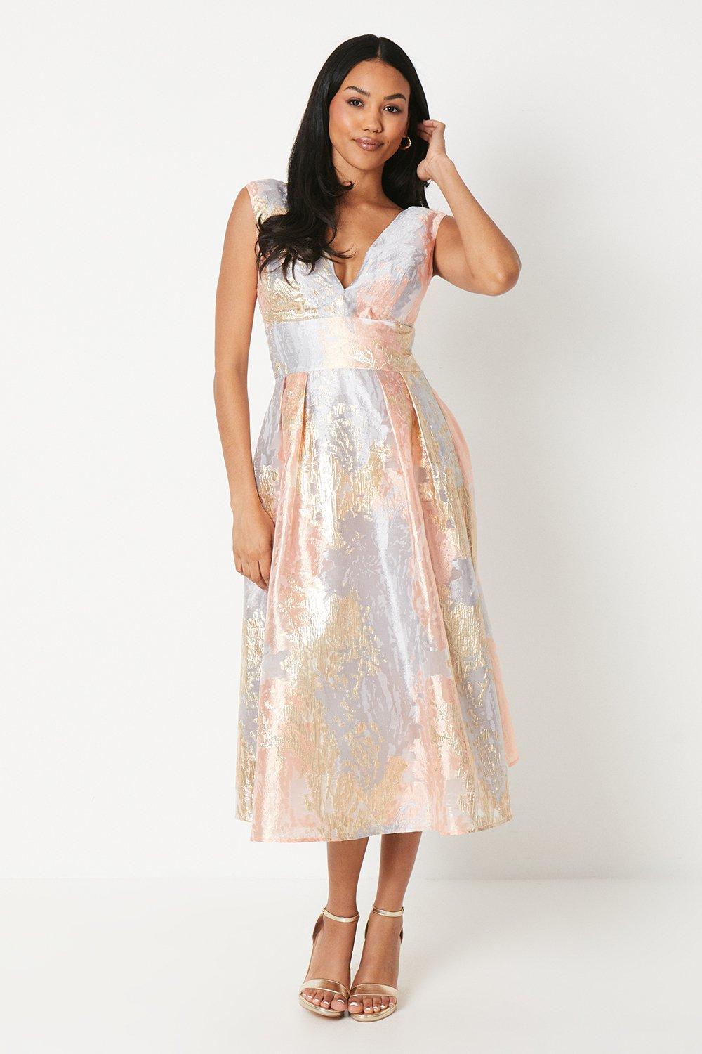 Plunge Neck Metallic Jacquard Midi Dress